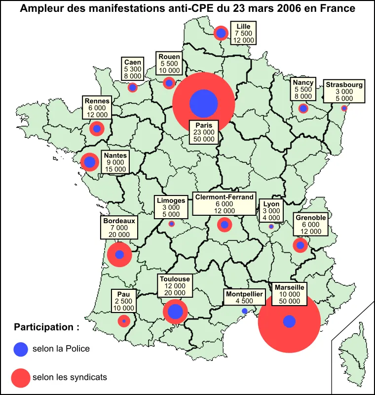 Carte de France avec des cercles bleus et rouges proportionnels au nombre de manifestants dans quinze grandes villes.