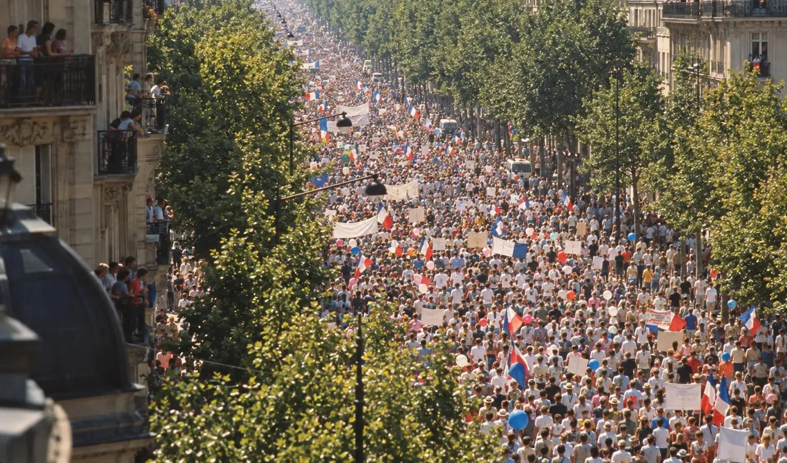 Vue plongeante sur une foule immense qui remplit une avenue arborée de Paris, avec drapeaux, pancartes et ballons ; des spectateurs aux balcons.