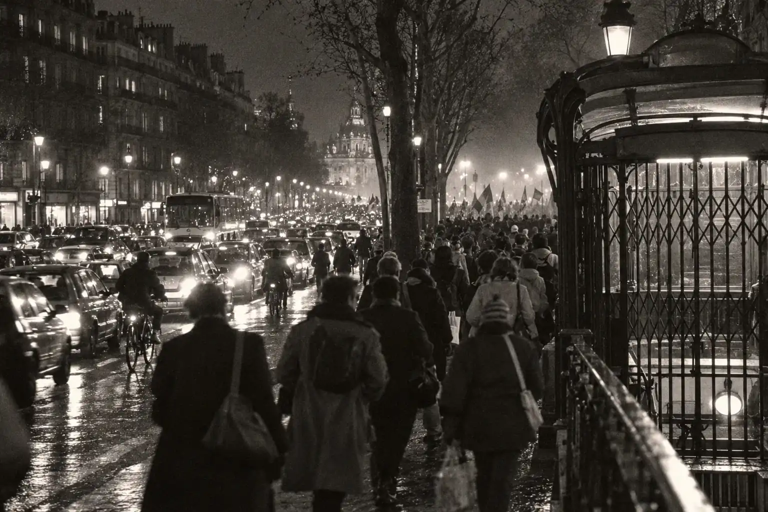 En noir et blanc, de nuit, une foule de passants rentre à pied le long d'un boulevard parisien embouteillé ; une entrée de métro est fermée par sa grille.